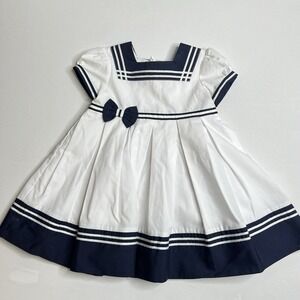 SARAH LOUISE England White Navy Coastal Beach Sailor Holiday Dress 12 Months